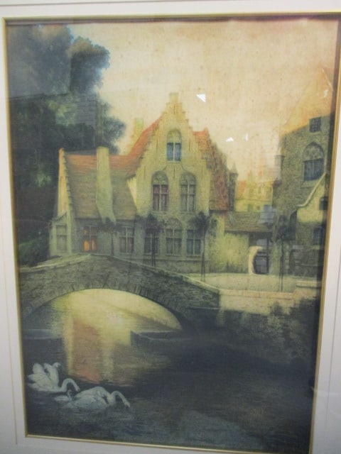 Vintage Beguinage in Bruges, Belgium Canel Bridge with Swans Landscape Print - 2
