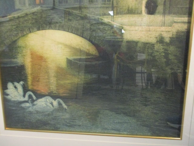 Vintage Beguinage in Bruges, Belgium Canel Bridge with Swans Landscape Print - 4