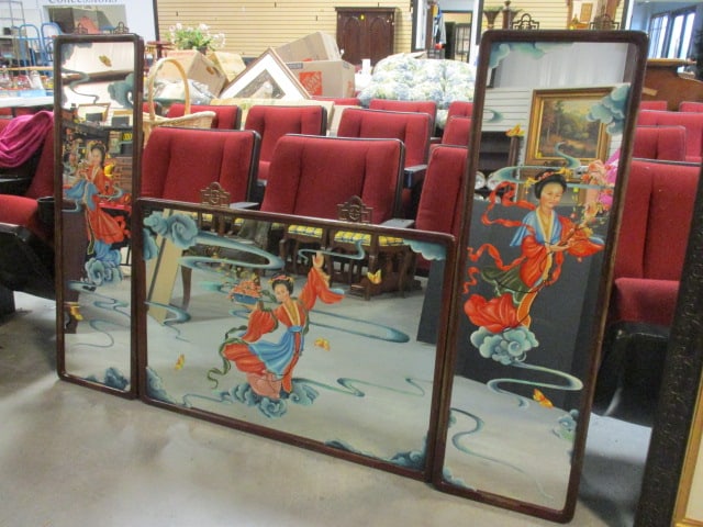 3 Piece Framed Handpainted Chinoiserie Geisha Mirror Set: Mahogany Frames with Brass Chinese Symbol Decorative Hangers. Images are painted on surface of mirror not reverse painted, (1)37 1/2" x 25 1/2", (2)13 1/2" x 43 3/4", Local Pickup Only