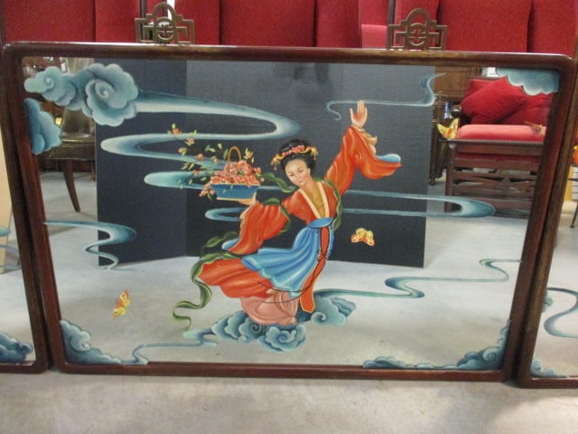 3 Piece Framed Handpainted Chinoiserie Geisha Mirror Set - 7