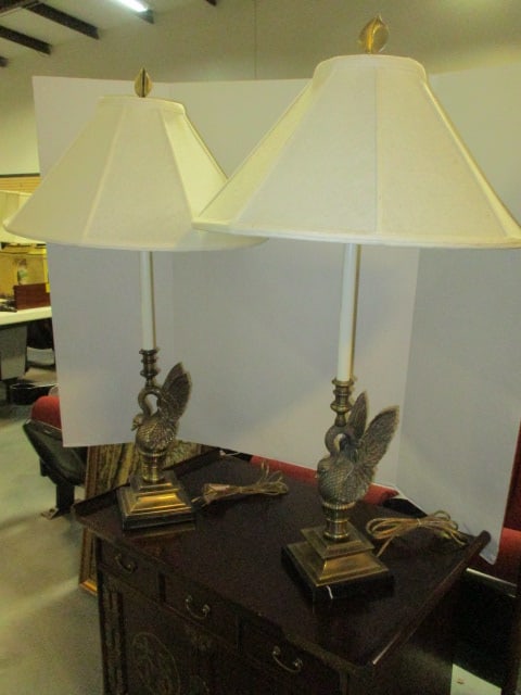 Pair of Neoclassical Regency Style Brass Winged Swan Table Lamps with Black Marble Bases: 36"h, Local Pickup Only