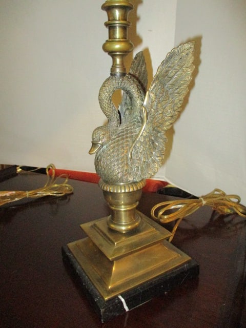 Pair of Neoclassical Regency Style Brass Winged Swan Table Lamps with Black Marble Bases - 2