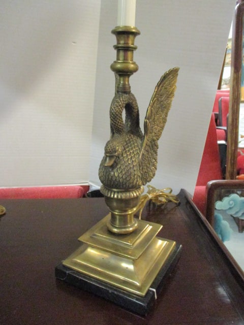 Pair of Neoclassical Regency Style Brass Winged Swan Table Lamps with Black Marble Bases - 3