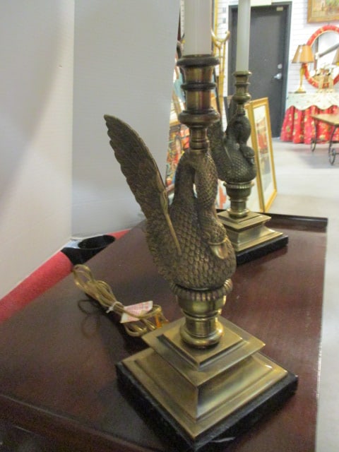 Pair of Neoclassical Regency Style Brass Winged Swan Table Lamps with Black Marble Bases - 4