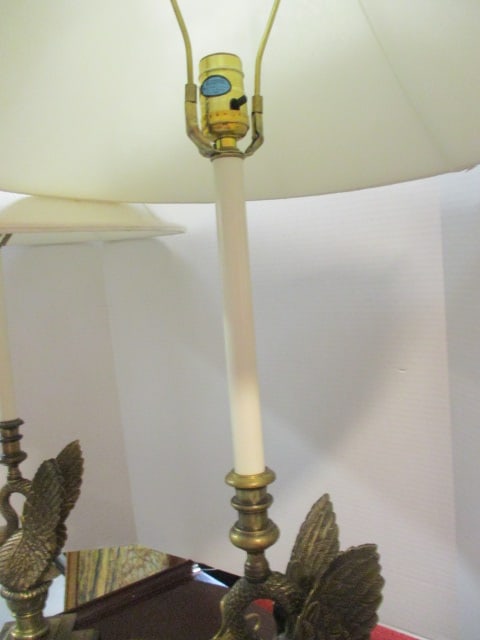 Pair of Neoclassical Regency Style Brass Winged Swan Table Lamps with Black Marble Bases - 6