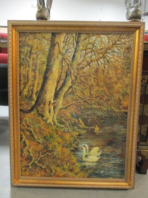 1968 Signed C. Windle "The Ponds Waggoner Wells" Painting on Board: Framed 21 1/4" x 27 1/4", back liner has window for back inscription by artist "The Ponds Waggoners' Wells, Sumey/Rants Bonded C Windle 1968", Local Pickup Suggested