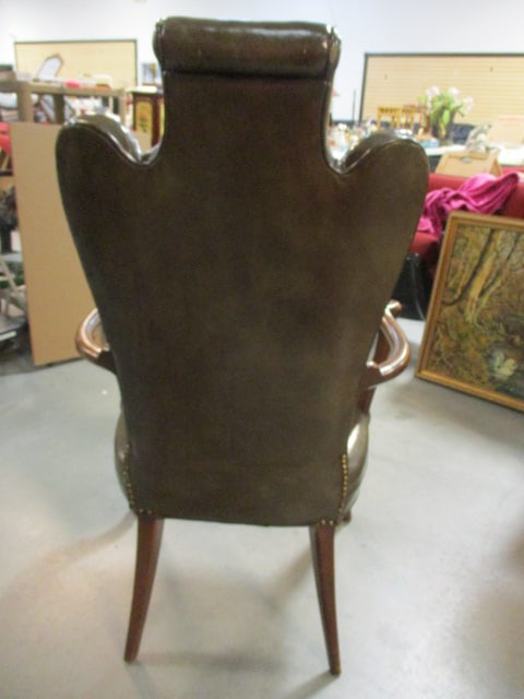 Traditional Queen Anne/Georgian Style High Back Leather Armchair with Nailhead Trim - 6