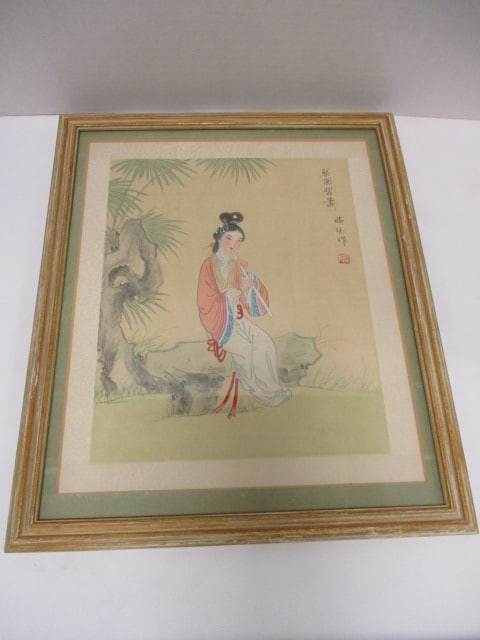 Framed and Matted Signed Handpainted Silk Panel Depicting Geisha Playing Flute: 11 3/4" x 14"