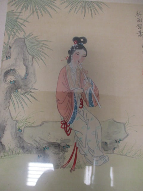 Framed and Matted Signed Handpainted Silk Panel Depicting Geisha Playing Flute - 2