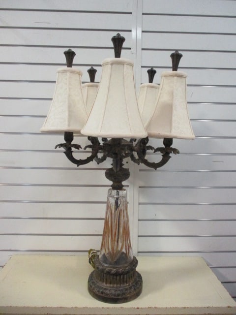 Neoclassical Revival Crystal and Bronzed Tone 5 Arm Table Lamp w/ Acanthus Leaf Accents: 32 1/2" Tall, Heavy. Local Pick-Up Only
