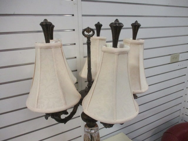 Neoclassical Revival Crystal and Bronzed Tone 5 Arm Table Lamp w/ Acanthus Leaf Accents - 2