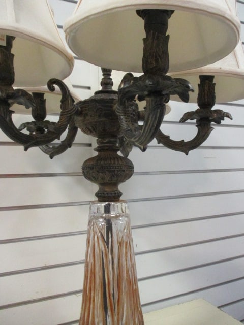 Neoclassical Revival Crystal and Bronzed Tone 5 Arm Table Lamp w/ Acanthus Leaf Accents - 3