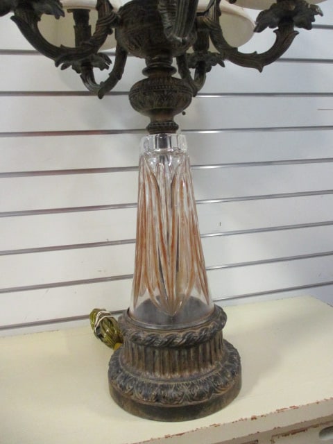 Neoclassical Revival Crystal and Bronzed Tone 5 Arm Table Lamp w/ Acanthus Leaf Accents - 4