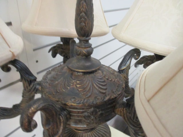Neoclassical Revival Crystal and Bronzed Tone 5 Arm Table Lamp w/ Acanthus Leaf Accents - 7