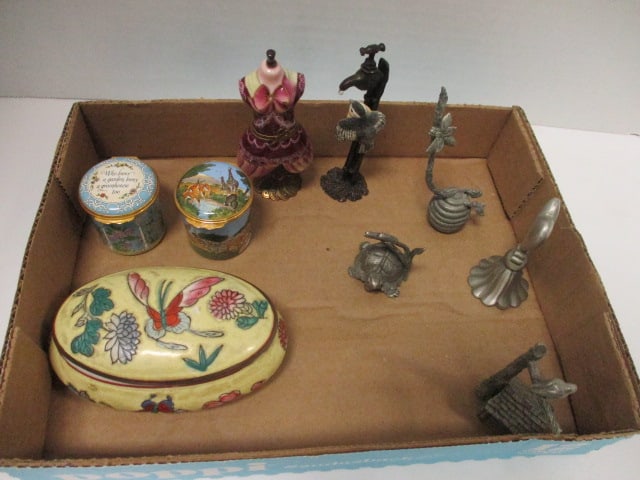 Chinese Porcelain Trinket Box, Halcyon Days Enamels Pill Boxes, Limoges France Dress Form: Porcelain Pill Box and Pewter Animals Figurines