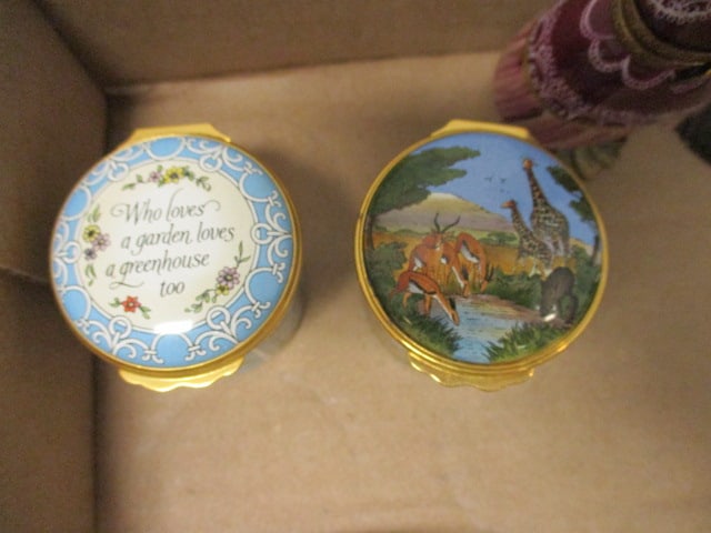 Chinese Porcelain Trinket Box, Halcyon Days Enamels Pill Boxes, Limoges France Dress Form - 3