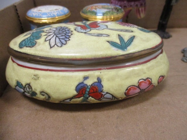 Chinese Porcelain Trinket Box, Halcyon Days Enamels Pill Boxes, Limoges France Dress Form - 4