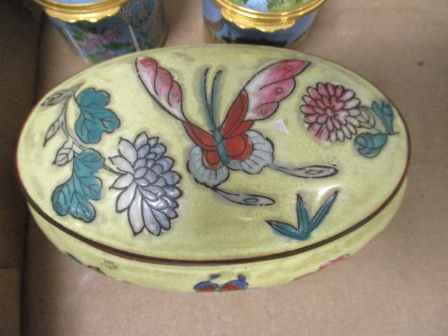 Chinese Porcelain Trinket Box, Halcyon Days Enamels Pill Boxes, Limoges France Dress Form - 5