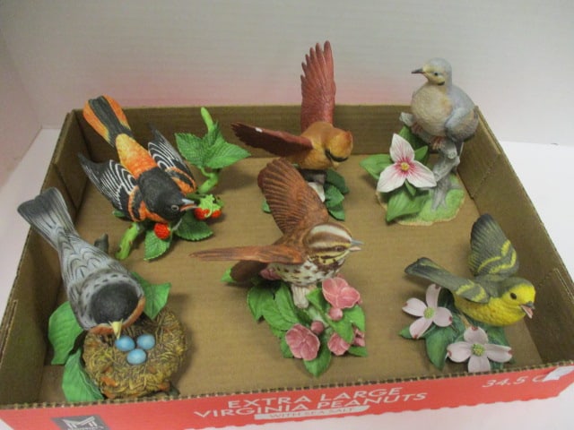 Six Lenox Fine Porcelain Bird Figurines: 1989 American Robin, 1998 Song Sparrow, 1994 Yellow Warbler, 1999 Mourning Dove, 1993 Female Cardinal(chipped wing feather) and 1990 Baltimore Oriole(beak and leaf chipped)