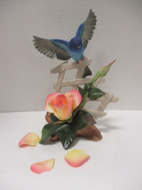 1995 Boehm Limited Edition "Indigo Bunting with Rose on Trellis" Porcelain Figure: 10 1/4"h, Limited Edition 158/200, Design #40449, made in USA, three rose petals need to be reattached