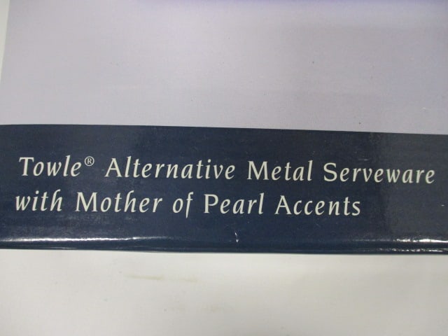 New in Box Towle Silversmiths Alternative Metal Serve Ware with Mother of Pearl Accents - 3