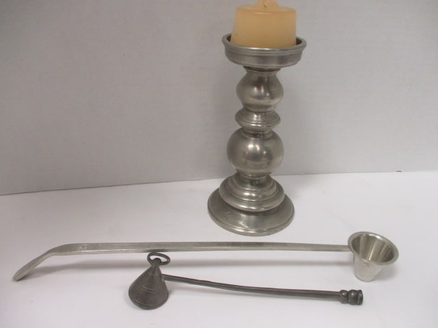 Les Potstaniers Pewter Pillar Candle Holder and Two Candle Snuffers: 7 1/2"h, engraved on bottom rim "50th Birthday"
