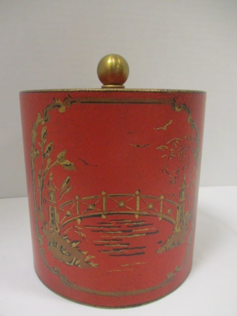 Art & Commerce Dallas, Texas Handpainted Metal Dome with Gilt and Black Bridge Scene: 5 1/2"dia x 6 1/2"h