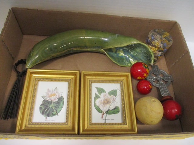 Pewter Celtic Cross, Dried Flowers in Lucite Paperweight, Two Small Botanical Prints, (1 of 7)