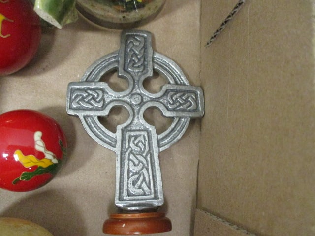 Pewter Celtic Cross, Dried Flowers in Lucite Paperweight, Two Small Botanical Prints, - 6