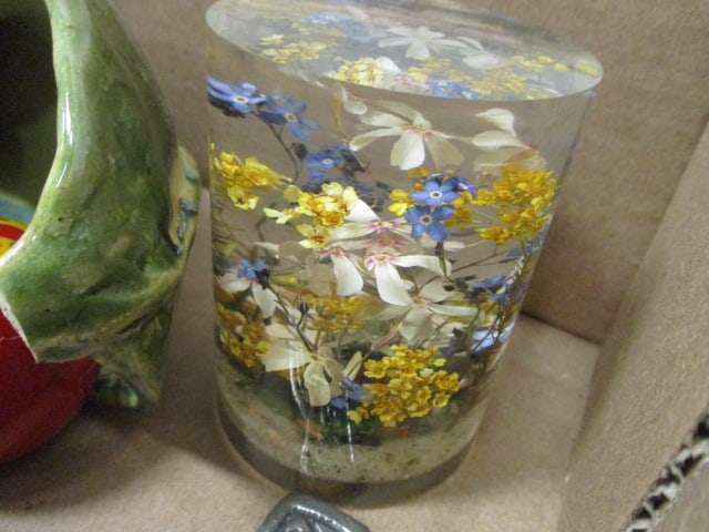 Pewter Celtic Cross, Dried Flowers in Lucite Paperweight, Two Small Botanical Prints, - 7