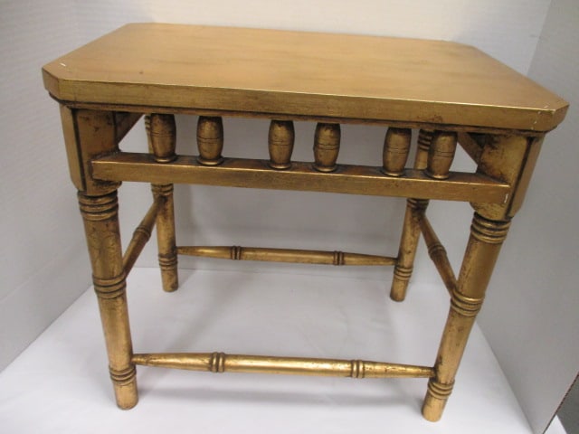 Gold Gilt Wooden Stool with Spindle Apron: 17 1/2" x 11 7/8" x 16 1/2", few finish nicks, Local Pickup Only