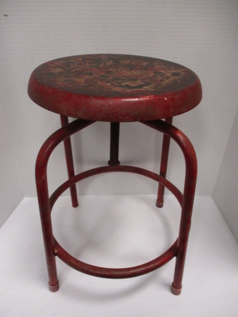 Red Distressed Finished Metal Stool: 16"dia x 18"h, missing one foot cap, Local Pickup Only