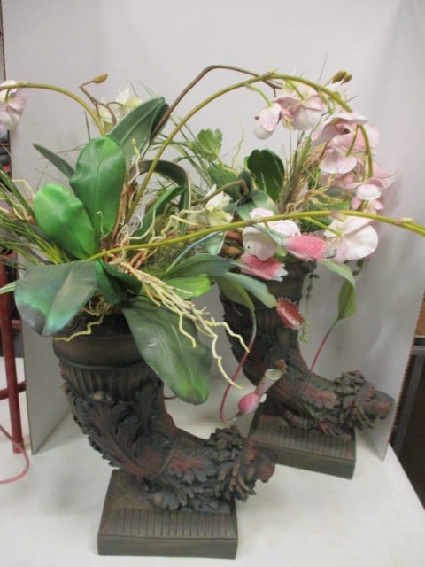Sculpted Lion Head Cornucopia Planters with Artificial Exotic Tropical Floral Arrangements: planters 5 1/2" x 8 1/2" x 16", approx. 30"h overall, Tropical floral arrangement includes Orchids, Venus Fly Traps and Pitcher Plants, Local Pickup Only