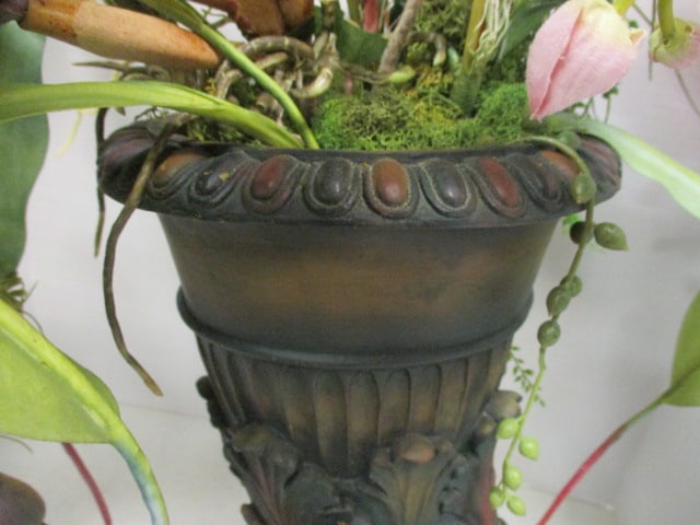 Sculpted Lion Head Cornucopia Planters with Artificial Exotic Tropical Floral Arrangements - 3