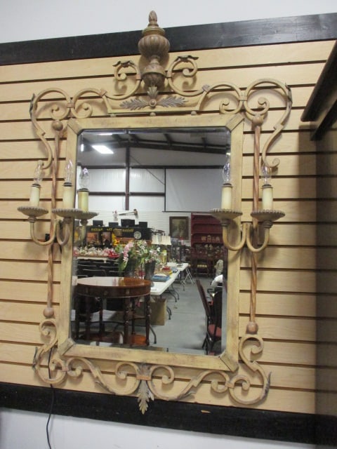 Fine Arts Lamps Co. French Provencial Style Wrought Iron Candelabra Beveled Mirror: Cream Washed Wrought Iron Electric 4 Lite Candelabra Beveled Mirror with Turned Finial and Acanthus Leaf Accents, approx. 36 1/2" x 55" x 6", light work, Heavy Local Pickup Only