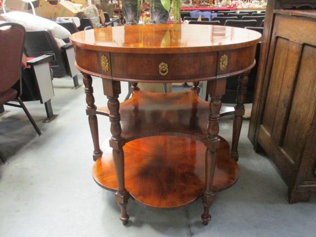 Maitland-Smith Neoclassical Regency Style Inlaid 3 Tier Foyer Center Table: Dramatic Floral Pattern Inlay Round Top with Three Drawers with Brass Ring Pulls, Second Tier is Star Shade Banded Design and Third Tier is Clover Shape with Banded Design, 36"dia x 36 1/2"h, Clover