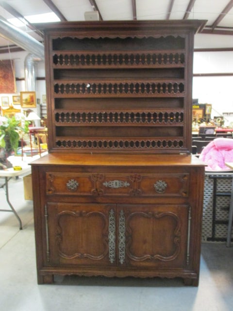 Impressive Antique Hand Carved/Hewn Welsh Dresser Cupboard: 2 Piece 19th Century Sideboard with Separate Plate Rack Dresser Top. Dresser Top has 4 Turned Bobbin Shelves with Crown Moulding, Visible Hewn Marks on Back. Lower Cupboard Has Drawer Over Double