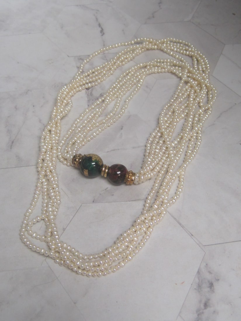 30" Fidia Gioielli Italian 5 Strand Pearl Necklace with 18k Gold & Enamel Bead Accents & Clasp: Signed