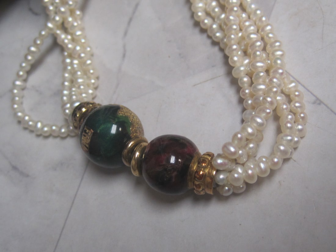 30" Fidia Gioielli Italian 5 Strand Pearl Necklace with 18k Gold & Enamel Bead Accents & Clasp - 2