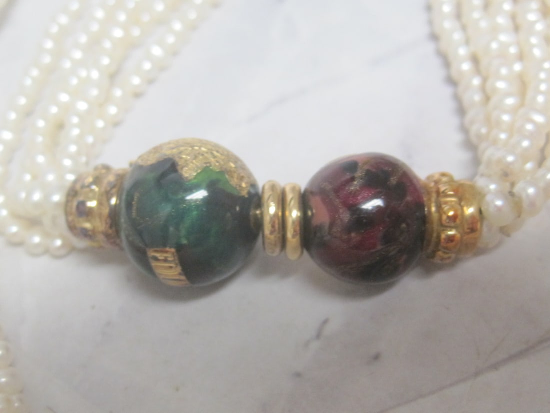 30" Fidia Gioielli Italian 5 Strand Pearl Necklace with 18k Gold & Enamel Bead Accents & Clasp - 3
