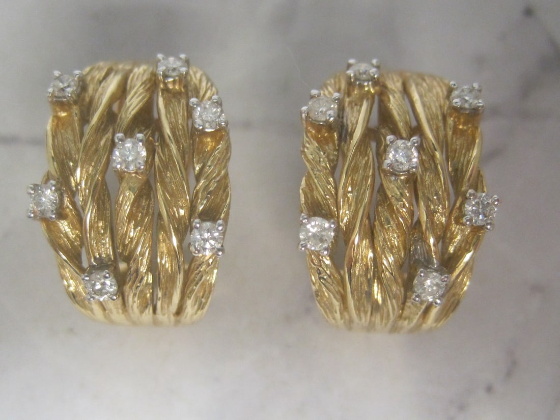 14k Gold Woven Diamond Pierced Earrings: Weighs 10.8 grams