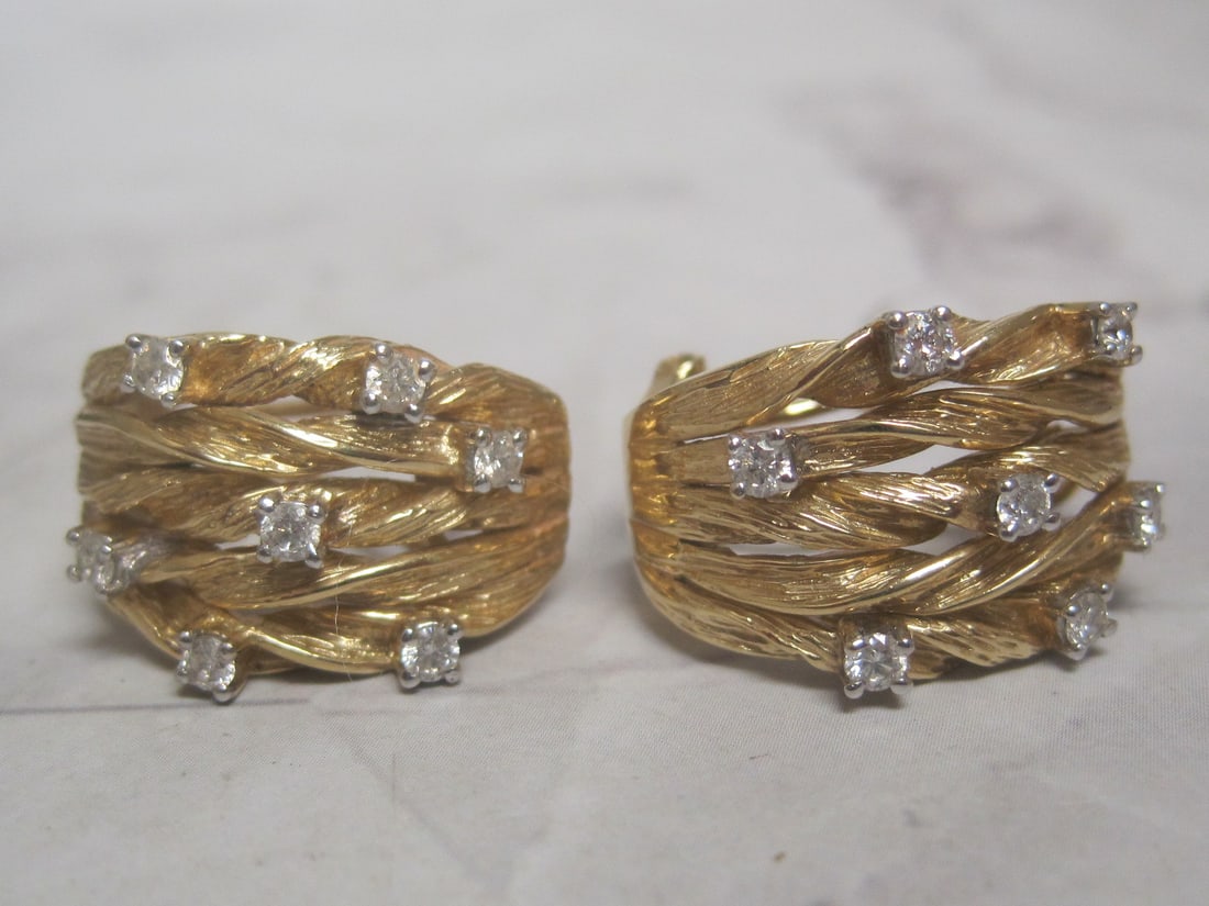 14k Gold Woven Diamond Pierced Earrings - 2