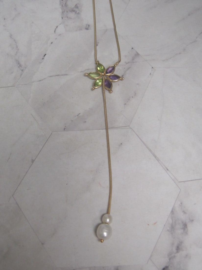 14k Gold Amethyst & Peridot Flower Lariat Style Necklace with Pearl Accents: Weighs 8.8 grams, Adjustable, Up to 24"