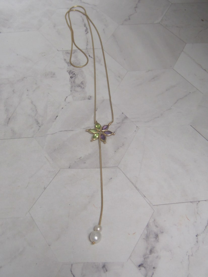 14k Gold Amethyst & Peridot Flower Lariat Style Necklace with Pearl Accents - 2