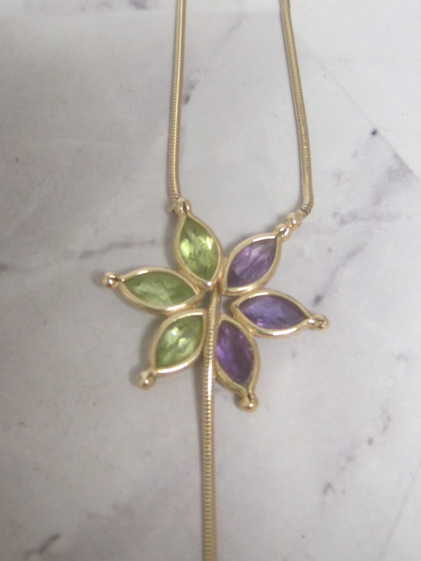 14k Gold Amethyst & Peridot Flower Lariat Style Necklace with Pearl Accents - 3