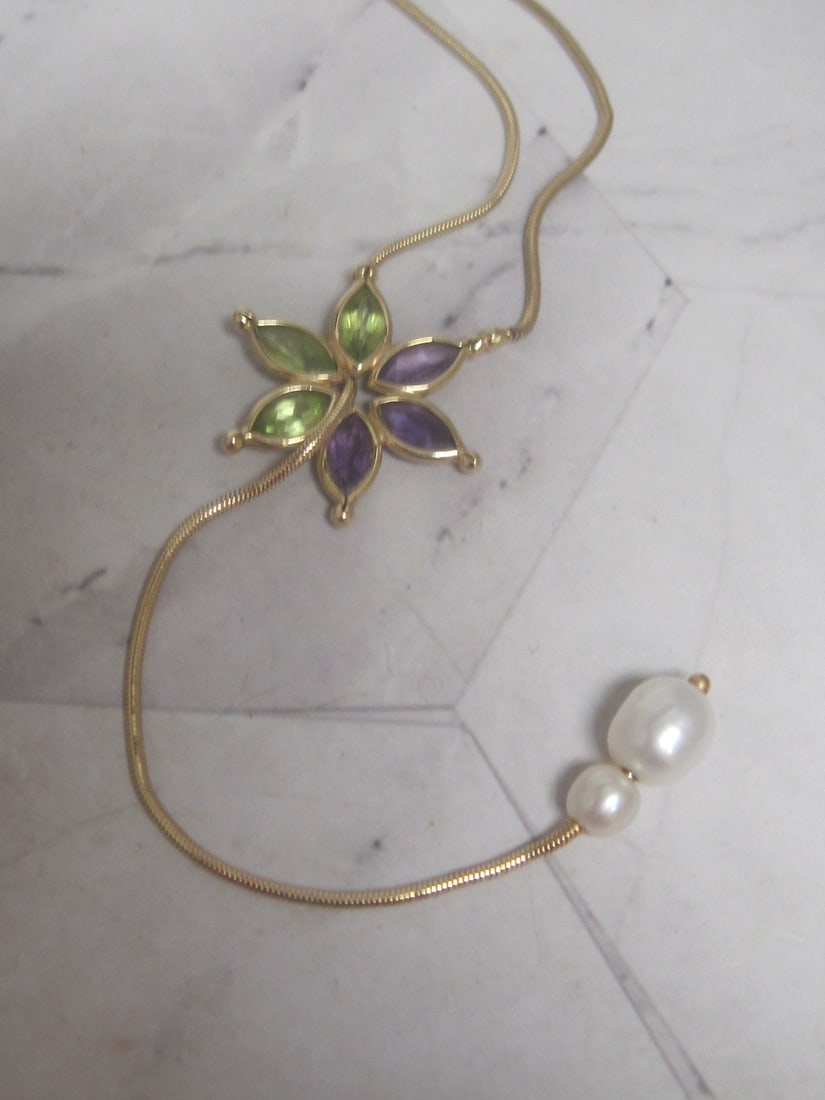 14k Gold Amethyst & Peridot Flower Lariat Style Necklace with Pearl Accents - 4