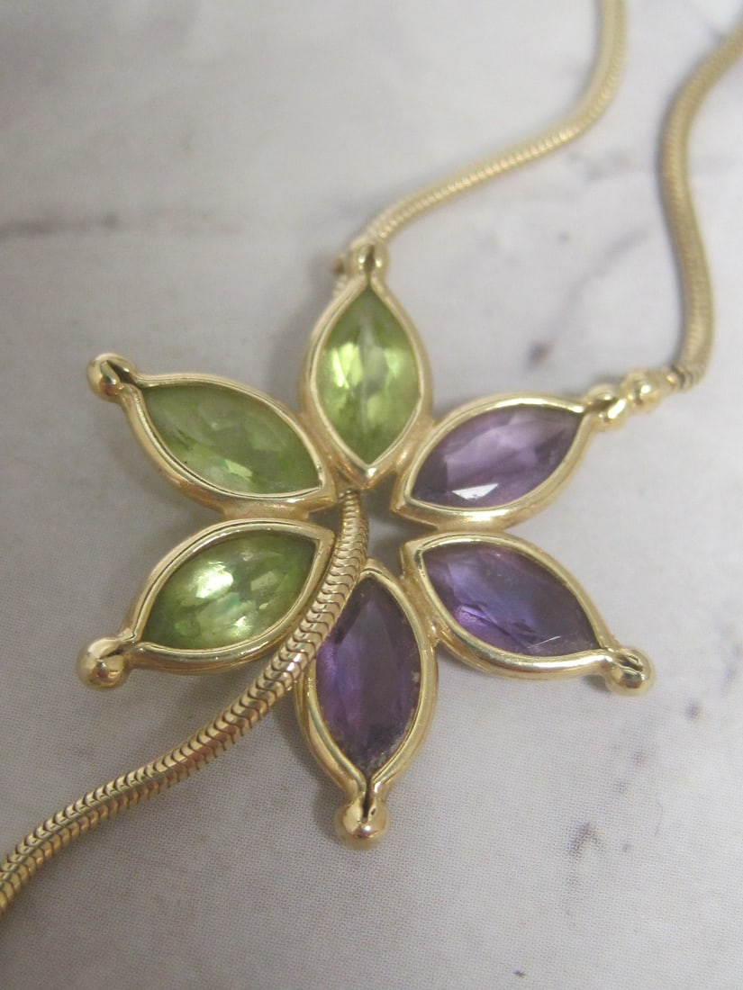 14k Gold Amethyst & Peridot Flower Lariat Style Necklace with Pearl Accents - 7