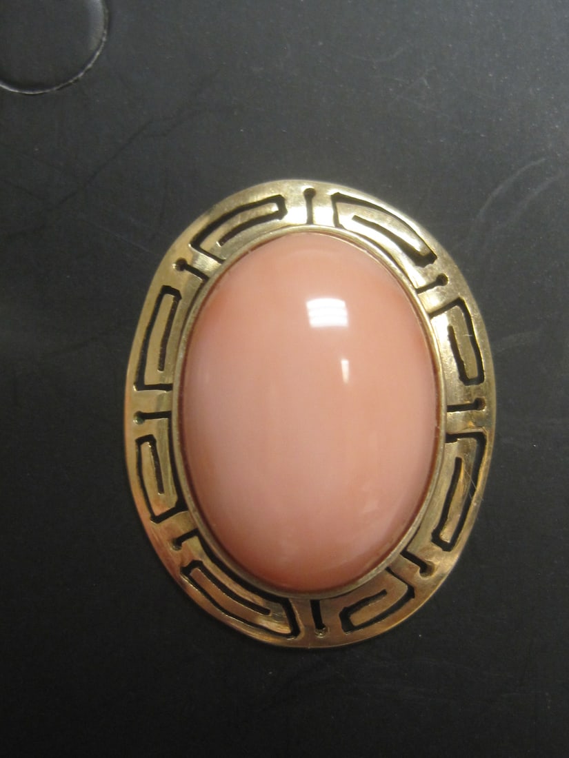 14k Gold Pink Coral Pierced Earrings with Greek Key Border - 2