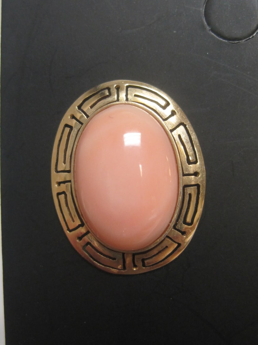 14k Gold Pink Coral Pierced Earrings with Greek Key Border - 3