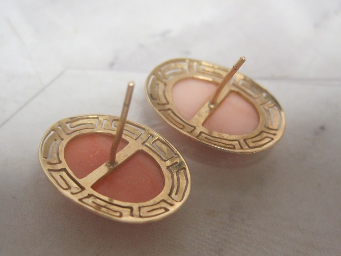 14k Gold Pink Coral Pierced Earrings with Greek Key Border - 4